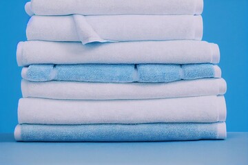 Poster - Stack clean bath towels made of soft fluffy fabric., created with generative ai