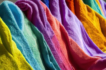 Poster - Stack clean bath towels in bright shades prepared for showering., created with generative ai