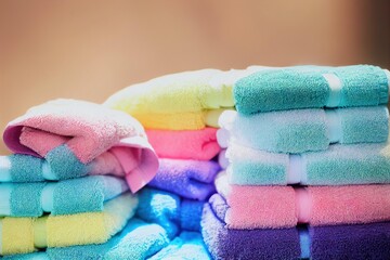 Poster - Stack clean bath towels made of delicate textiles lie on shelf., created with generative ai