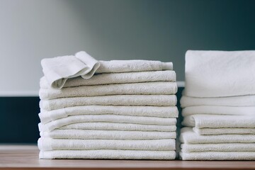 Wall Mural - Stack clean bath towels made of delicate textiles lie on shelf., created with generative ai