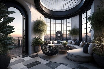 A luxurious terrace interior, featuring high-end furniture and elegant decor. Generative AI