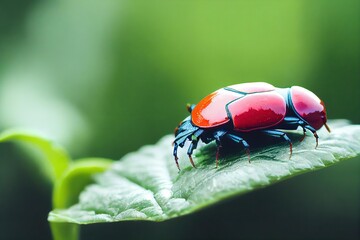 Poster - Red orange beetle on flower in green summer garden., created with generative ai