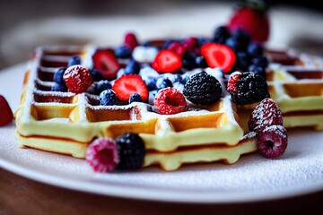 Sticker - Stack of berry Belgian waffles with powdered sugar in plate., created with generative ai