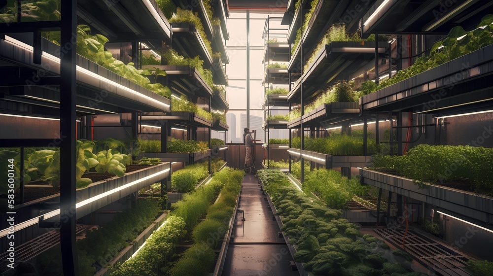Innovative vertical farm with LED grow lights, showcasing sustainable ...