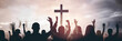On a cross against a cloudy sky background, a group of Christians raise their hands in worship of God through Jesus Christ. - Generative AI