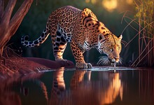 A Jaguar Drinks Water From A River In Pantanal, Brazil. Generative AI
