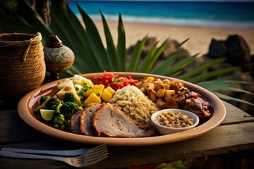 Traditional Hawaiian dinner with pork meat, vegetables eating on a beach