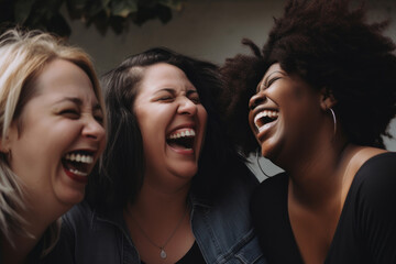 Wall Mural - A diverse group of female women friends all laughing and having fun together. Generative ai