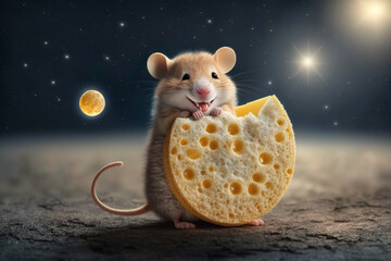 Cute rat or mouse enjoying his big piece of cheese at night with the moon. Funny illustration character. Ai generated