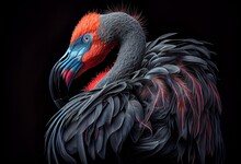 A Black Flamingo With Red And Blue Head, Neck, And Tail Feathers On A Black Background. Generative AI