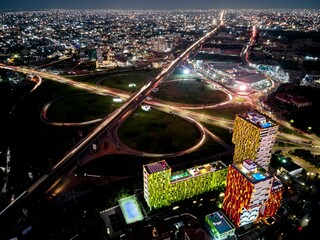 Sticker - Picturesque night view of the mall area illuminated with colorful lights in Accra, Ghana