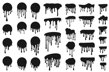 Aufkleber - Dripping black ink set graphic elements in flat design. Bundle of different spots with flowing drops of round shape and border templates, liquid paint stains. Vector illustration isolated objects