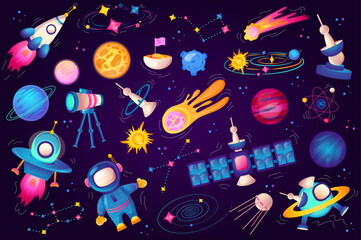 Aufkleber - Cosmos set graphic elements in flat design. Bundle of cute astronaut, spaceships, planets, comets, stars, satellites, asteroids and other flying celestial bodies. Vector illustration isolated objects
