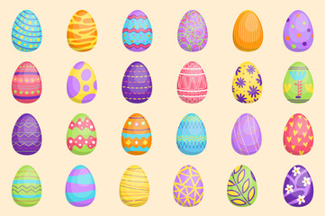 Aufkleber - Easter eggs set graphic elements in flat design. Bundle of cute colorful eggs with different festive patterns in dots, festive geometric or floral ornaments. Vector illustration isolated objects