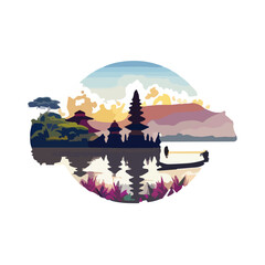 Pura Ulun Danu Bratan, Hindu temple with boat on Bratan lake landscape at sunrise in Bali vector