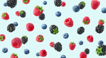 colorful berry pattern of various fresh ripe wild berries on light blue background