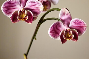 Sticker - Purple orchid flowers on stem on branch on gray background., created with generative ai