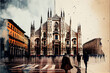 Sights of Milan. A series of watercolor and pencil illustrations, cities of the world. Landmarks of world.