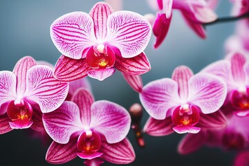 Sticker - Fresh pink orchid flowers on blurry dark background., created with generative ai