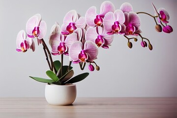 Sticker - Pink orchid flowers with leaves and branches in pot on table., created with generative ai