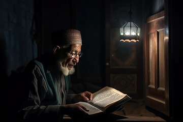 A Muslim man reads the Koran (al quran) book at night near the window in the Ramadan celebration. Ai generated art. Not a real person.