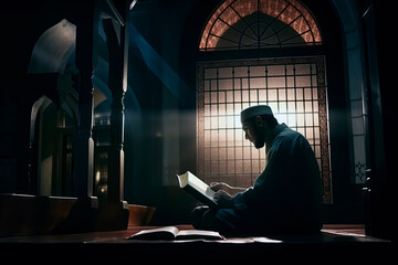 Muslim man reads the Koran (al quran) book at night near the window under the Ramadan Moon Light. Ai generated art. Not a real person.