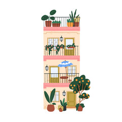 South Europe house. Spanish apartment building with balconies, outdoor plants. Cozy summer home facade, exterior, Spain resort architecture. Flat vector illustration isolated on white background