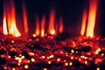 Sticker - Closeup of a hot burning coals on the dark background.., created with generative ai