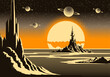 Landscape with mountains and sci-fi castle on far planet. Retro futuristic sunrise in 80s atomic era style.