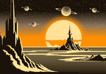 Poster - Landscape with mountains and sci-fi castle on far planet. Retro futuristic sunrise in 80s atomic era style.