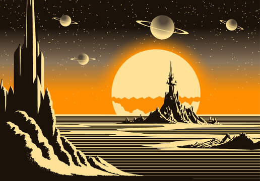 landscape with mountains and sci-fi castle on far planet. retro futuristic sunrise in 80s atomic era
