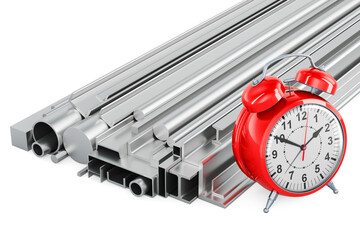 Poster - stack of rolled metal products with alarm clock, 3d rendering