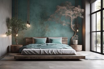 Poster - Zen eastern bedroom with master bed, light, and decors has walls made of plaster that is concrete molded in beige and turquoise. background with copy space that is cozy. Showcase for relaxation, inter