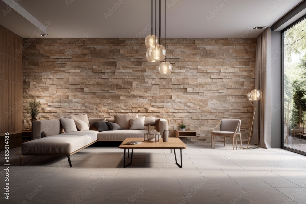 Photo realistic generic empty interior design with a light brown stone ...