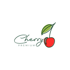 Wall Mural - fresh fruit red cherry juice line art feminine modern logo design vector