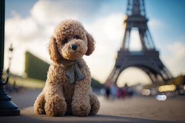 Sticker - Dog sitting on the ground in front of the eiffel tower in paris. Generative AI.