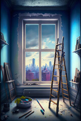 Canvas Print - Ladder leaning against window in room with view of city. Generative AI.