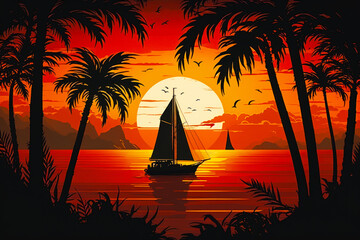 Canvas Print - sunset with sailboat in the foreground and palm trees in the foreground. Generative AI.