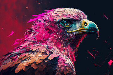 Sticker - Close up of colorful bird on black background with red and pink background. Generative AI.