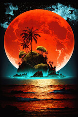 Wall Mural - Red moon over tropical island with palm trees and red moon in the background. Generative AI.