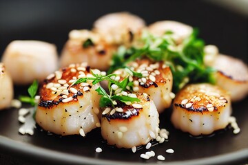 Poster - Dark plate with portion cooked seared scallops with decoration in form of greens., created with generative ai