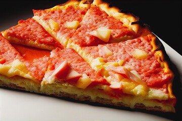 Wall Mural - Piece of juicy pineapple pizza with thick tomato sauce., created with generative ai