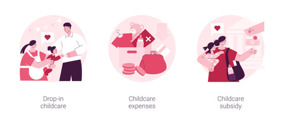 Poster - Daycare service abstract concept vector illustration set. Drop-in childcare, childcare expenses, childcare subsidy, family budget, nursery school, part-time kindergarten, tax credit abstract metaphor.