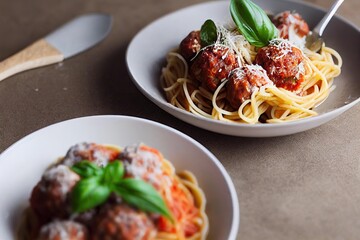 Poster - Delicious spaghetti and meatballs in deep white plates on table., created with generative ai