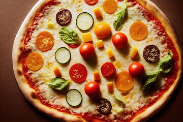 Wall Mural - Bright red tomatoes on thin dough of margherita pizza., created with generative ai