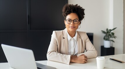 Businesswoman sitting at the desk with a confident expression