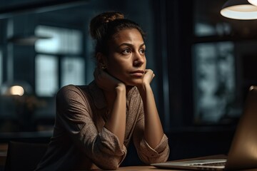 Businesswoman sitting at the desk with a thoughtful and worried expression