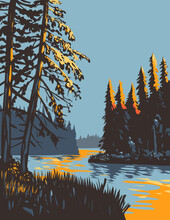 WPA Poster Art Of Lake Waskesiu In Prince Albert National Park At Dusk Located In Saskatchewan, Canada Done In Works Project Administration Or Federal Art Project Style.