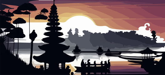 sunset at Pura Ulun Danu Bratan temple in Bali print vector