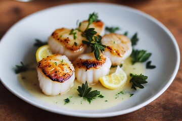 Sticker - Delicious seared scallops cooked in delicate sauce with pieces of lime., created with generative ai